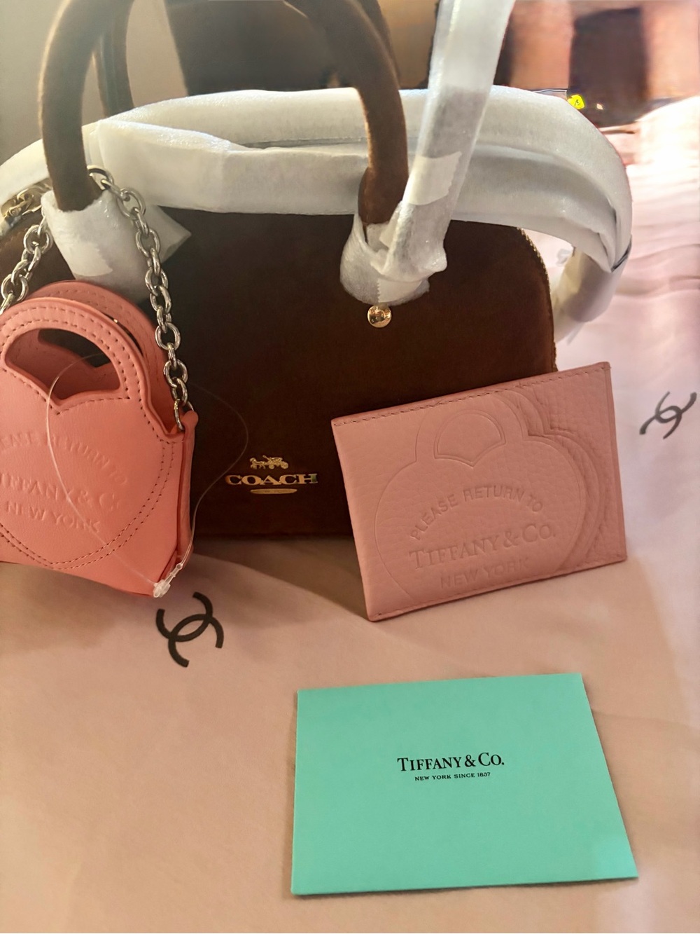 Coach Lara Mini Suede Satchel with Tiffany&Co Pink Leather Card Holder & Charm - Picture 2 of 10